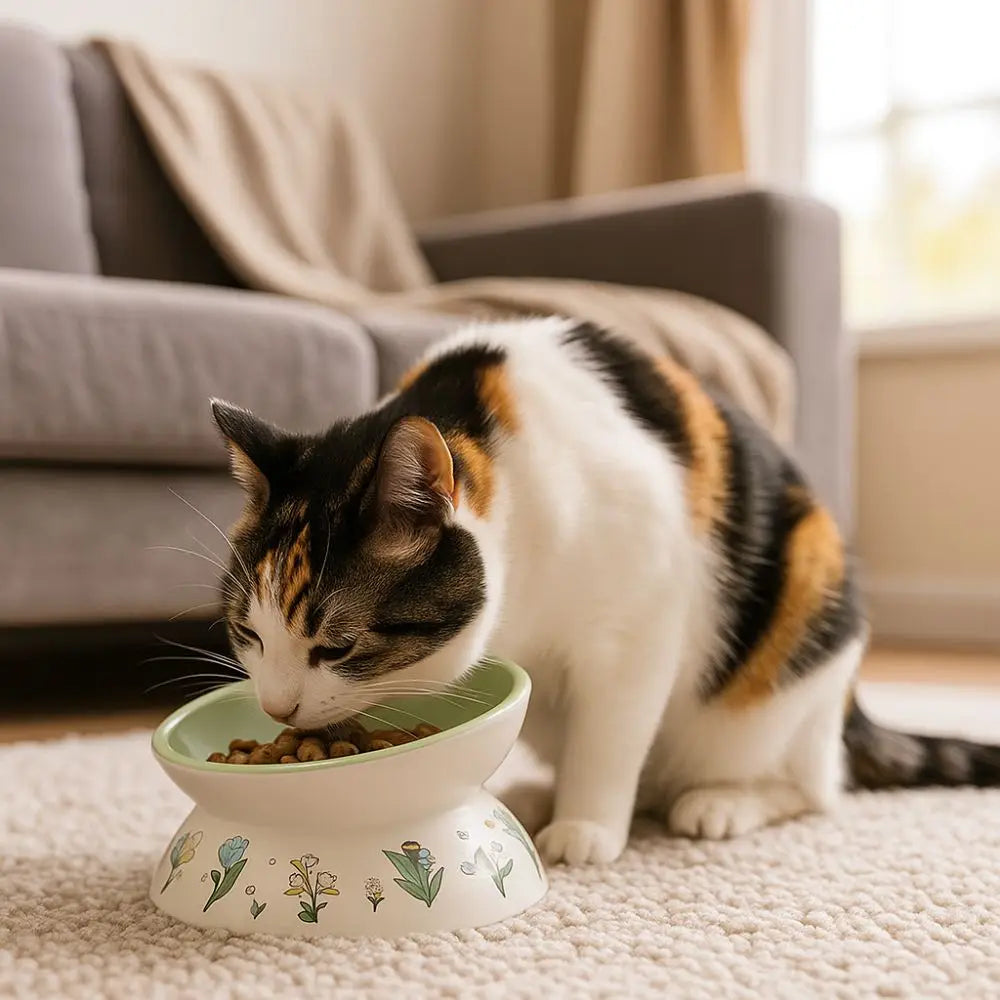 Green Rabbit Ceramic Cat Bowl | Non-Slip Raised Pet Feeding & Water Bowl