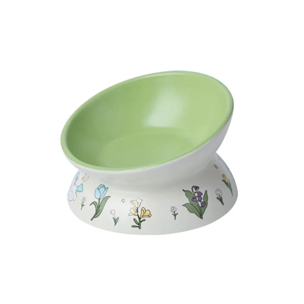 Green Rabbit Ceramic Cat Bowl | Non-Slip Raised Pet Feeding & Water Bowl