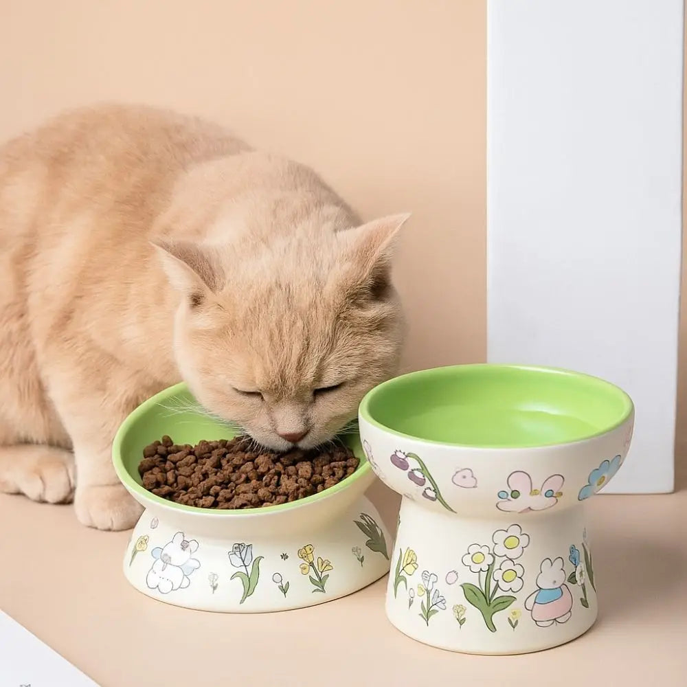 Green Rabbit Ceramic Cat Bowl | Non-Slip Raised Pet Feeding & Water Bowl