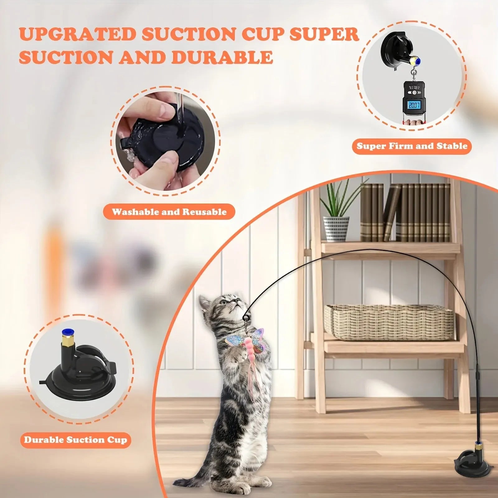 Interactive Cat Teaser Wand | Feather & Bell Toy with Suction Cup Pole