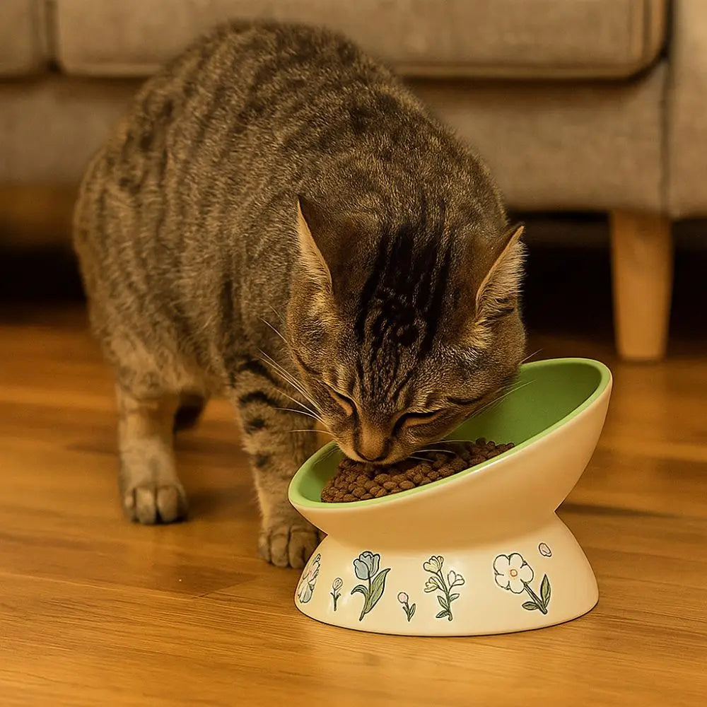 Green Rabbit Ceramic Cat Bowl | Non-Slip Raised Pet Feeding & Water Bowl