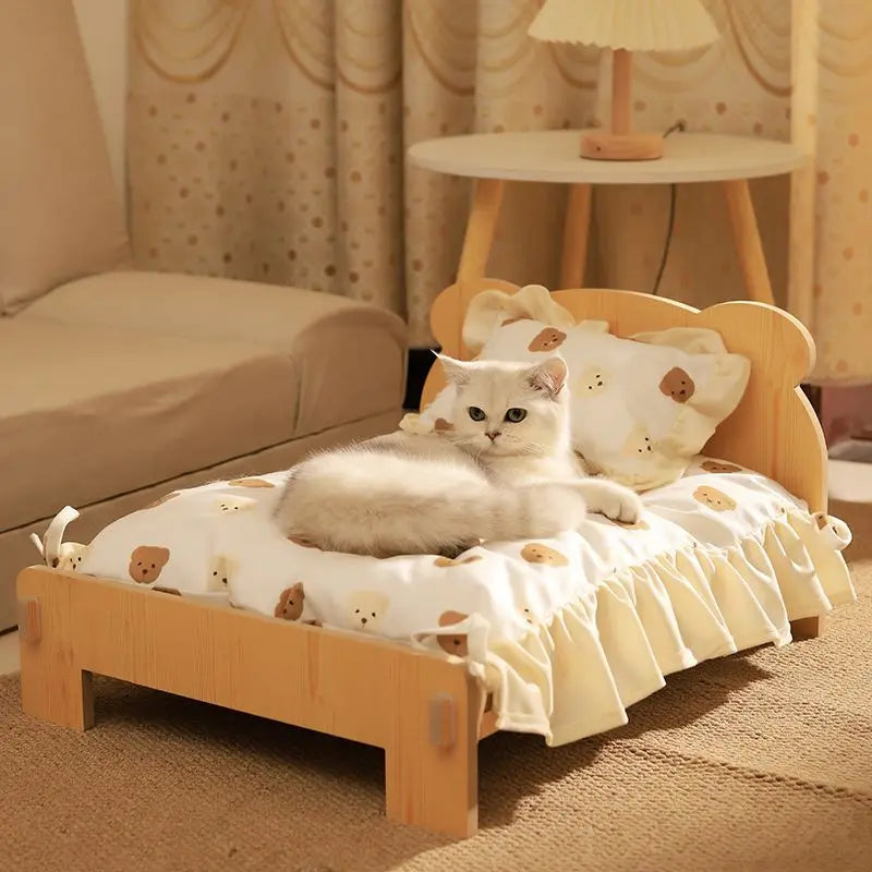 Wooden Cat Bed – Removable & Washable Four-Season Cozy Pet Bed