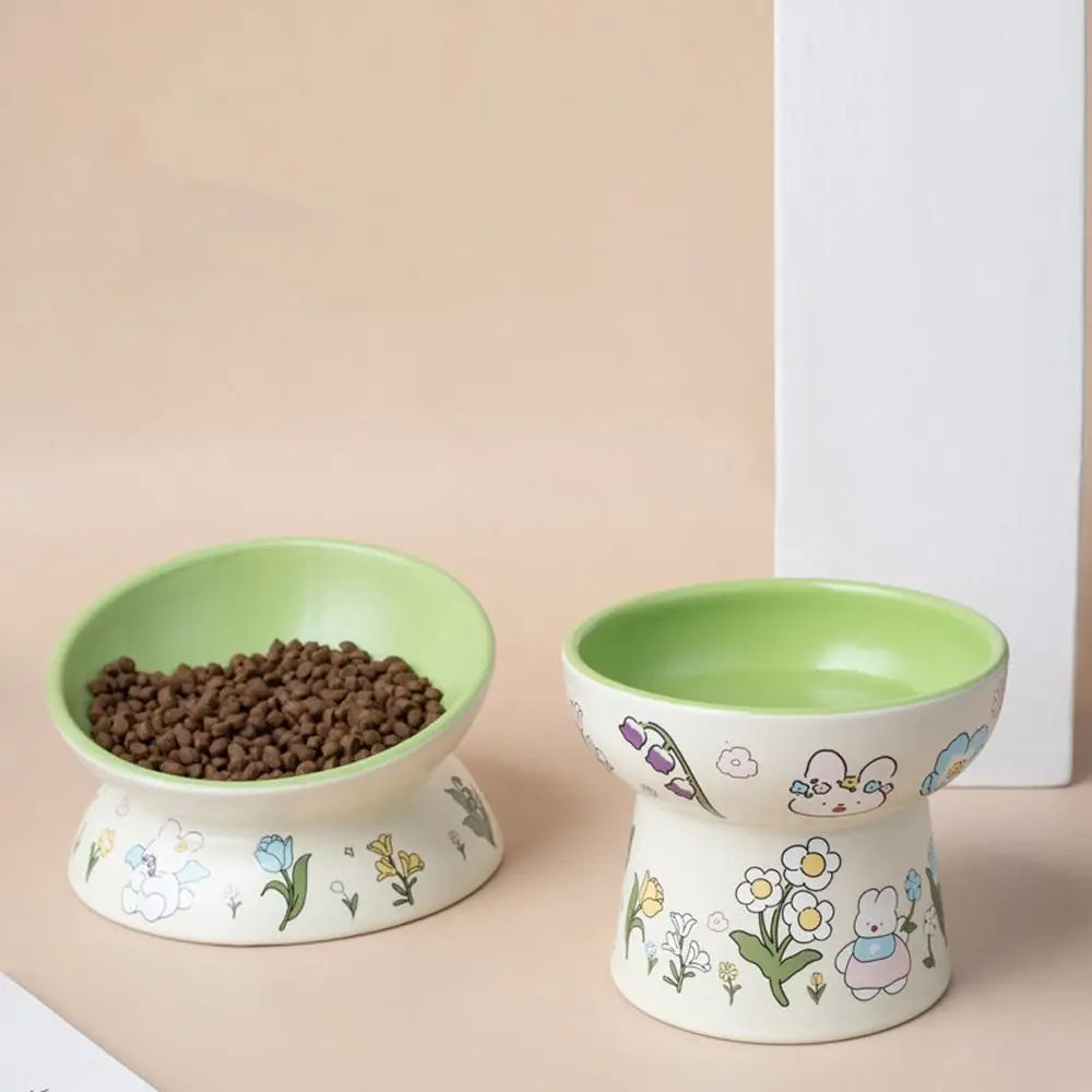 Green Rabbit Ceramic Cat Bowl | Non-Slip Raised Pet Feeding & Water Bowl