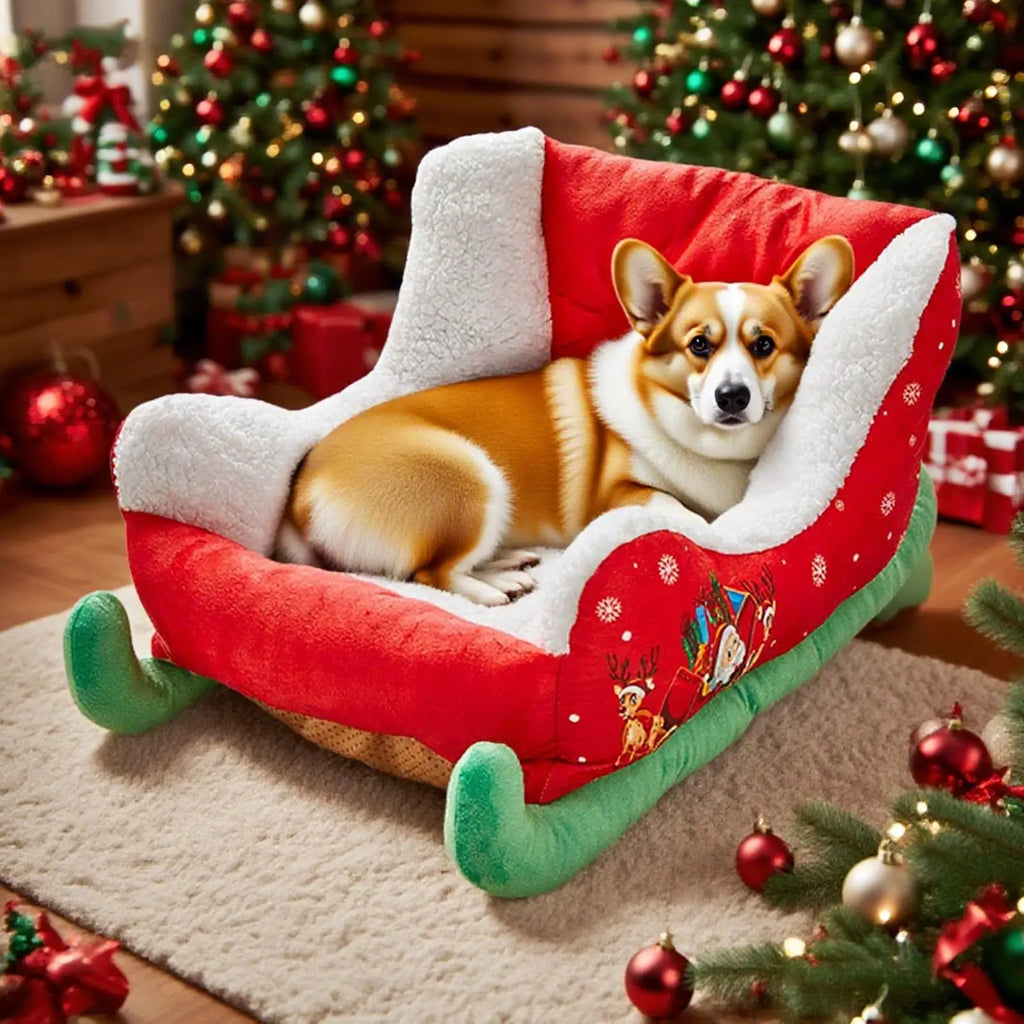 Christmas Sled-Shaped Dog & Cat Bed | Festive Plush Santa Pet Nest