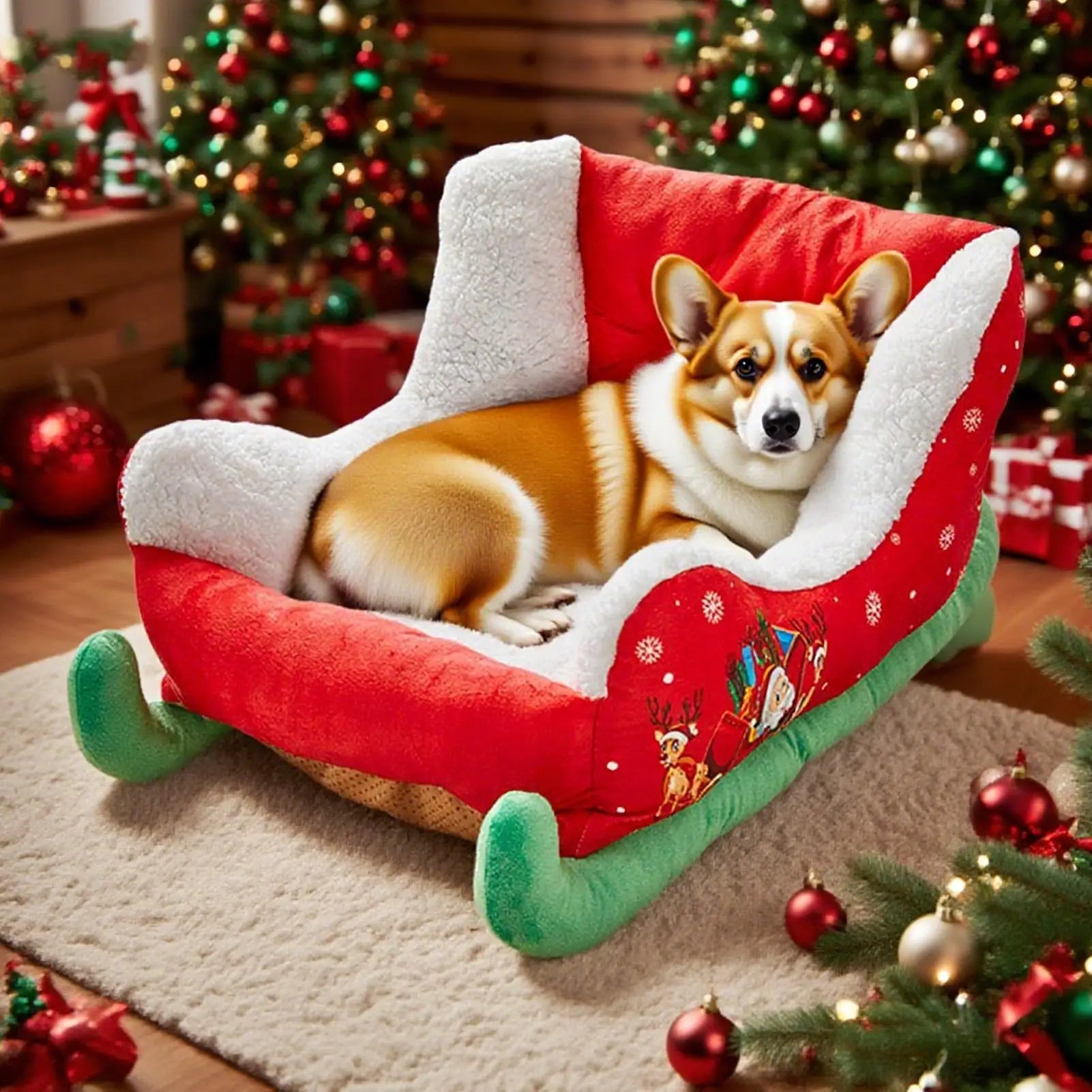 Christmas Sled-Shaped Dog & Cat Bed | Festive Plush Santa Pet Nest