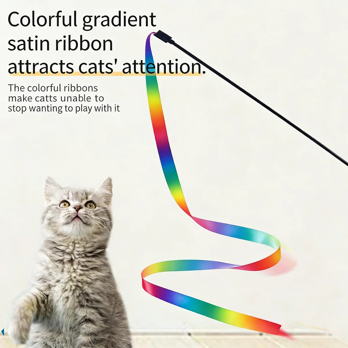 Interactive Cat Teaser Wand – Rainbow Ribbon Stick for Play & Exercise