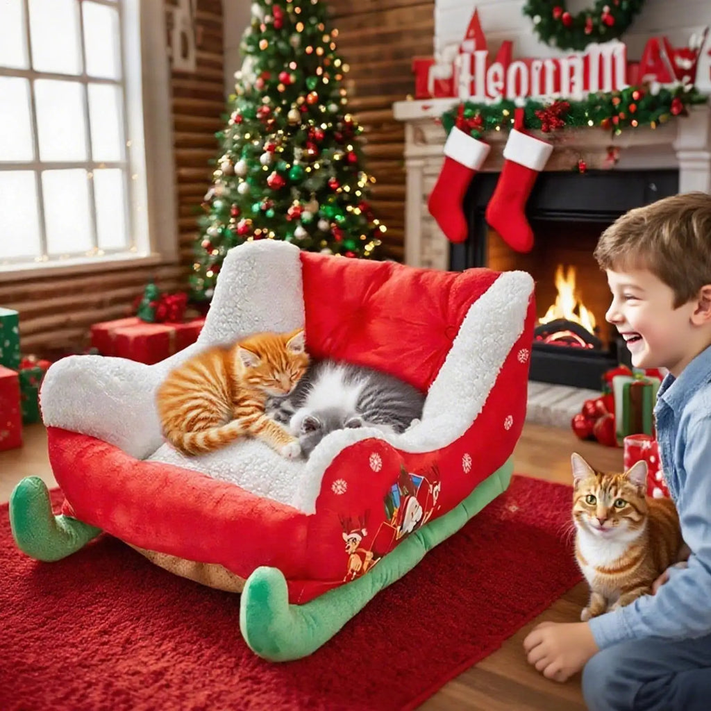Christmas Sled-Shaped Dog & Cat Bed | Festive Plush Santa Pet Nest