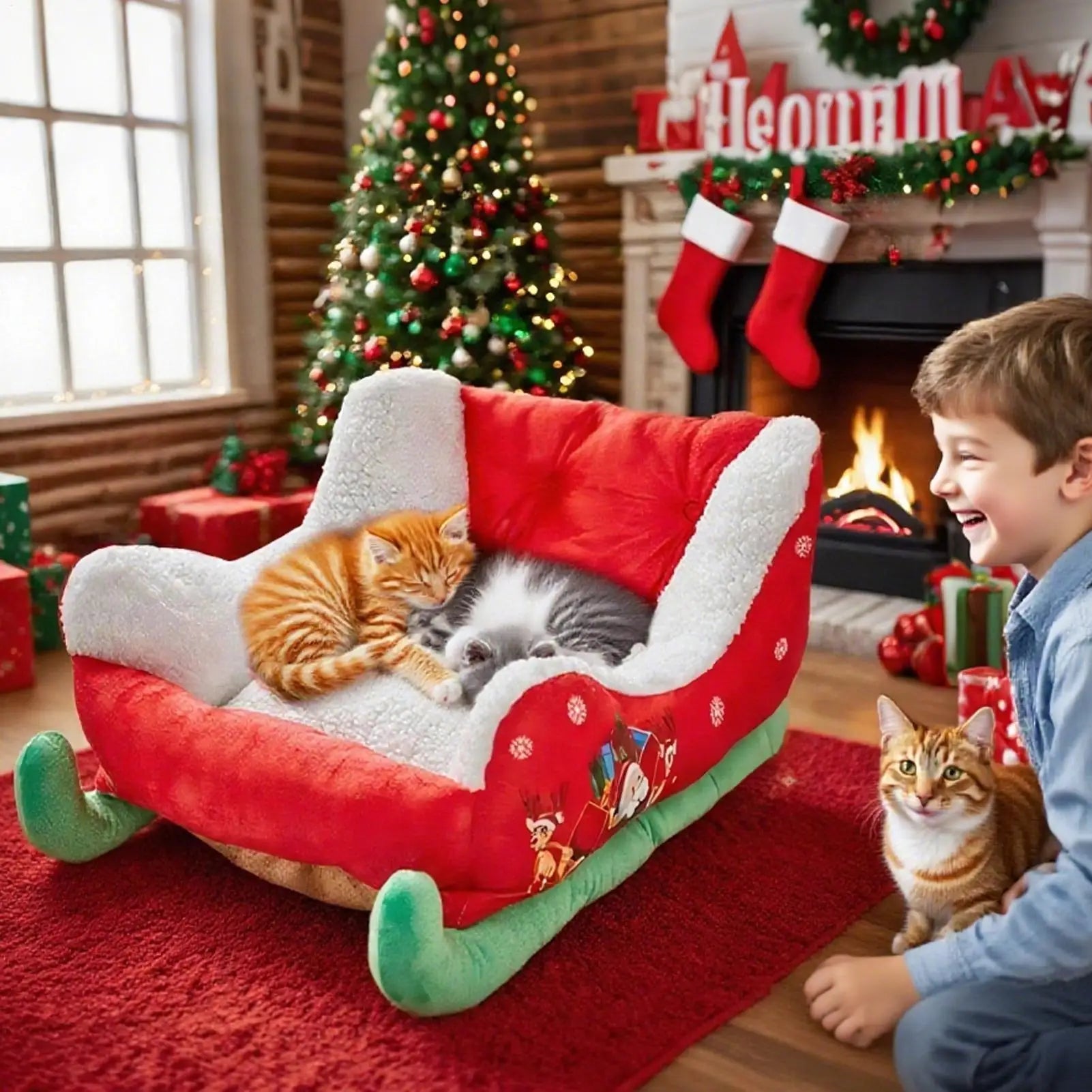 Christmas Sled-Shaped Dog & Cat Bed | Festive Plush Santa Pet Nest