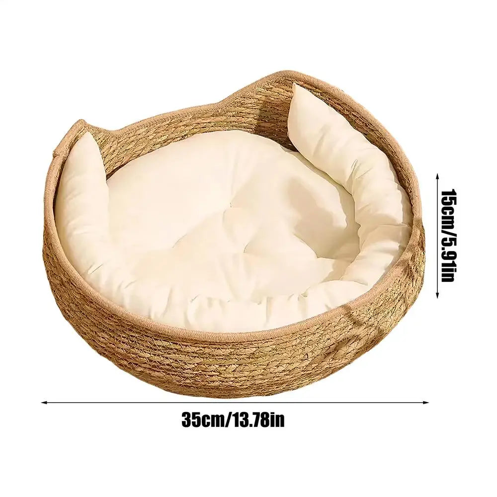 Woven Cat Basket Bed – Cotton Rope Round Bed with Pillow for Cats & Small Dogs