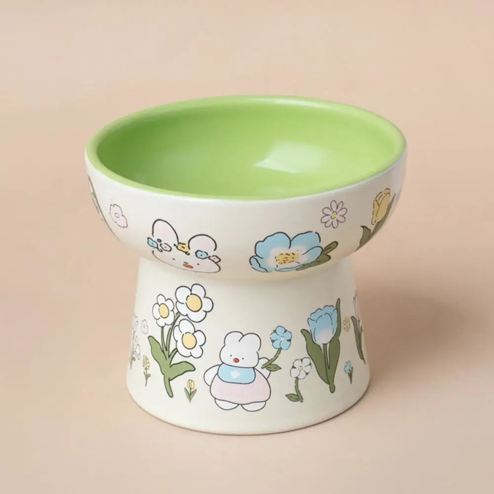 Green Rabbit Ceramic Cat Bowl | Non-Slip Raised Pet Feeding & Water Bowl