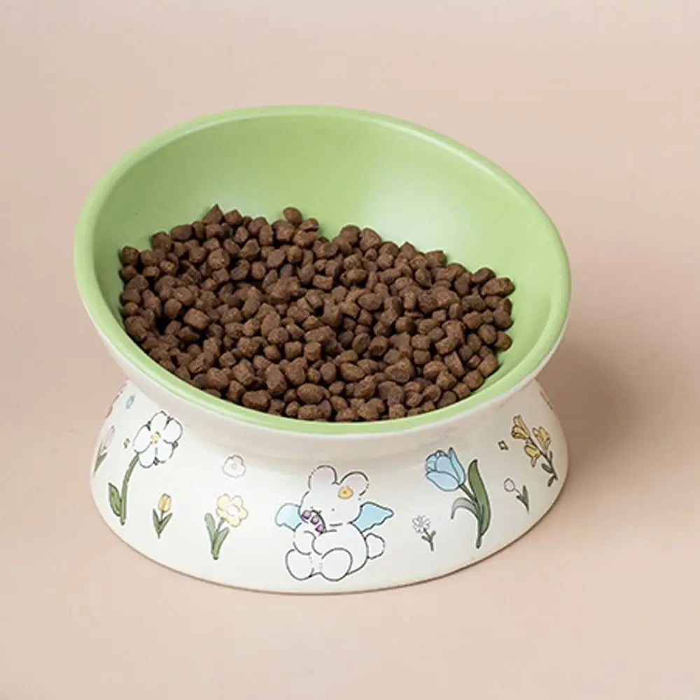 Green Rabbit Ceramic Cat Bowl | Non-Slip Raised Pet Feeding & Water Bowl