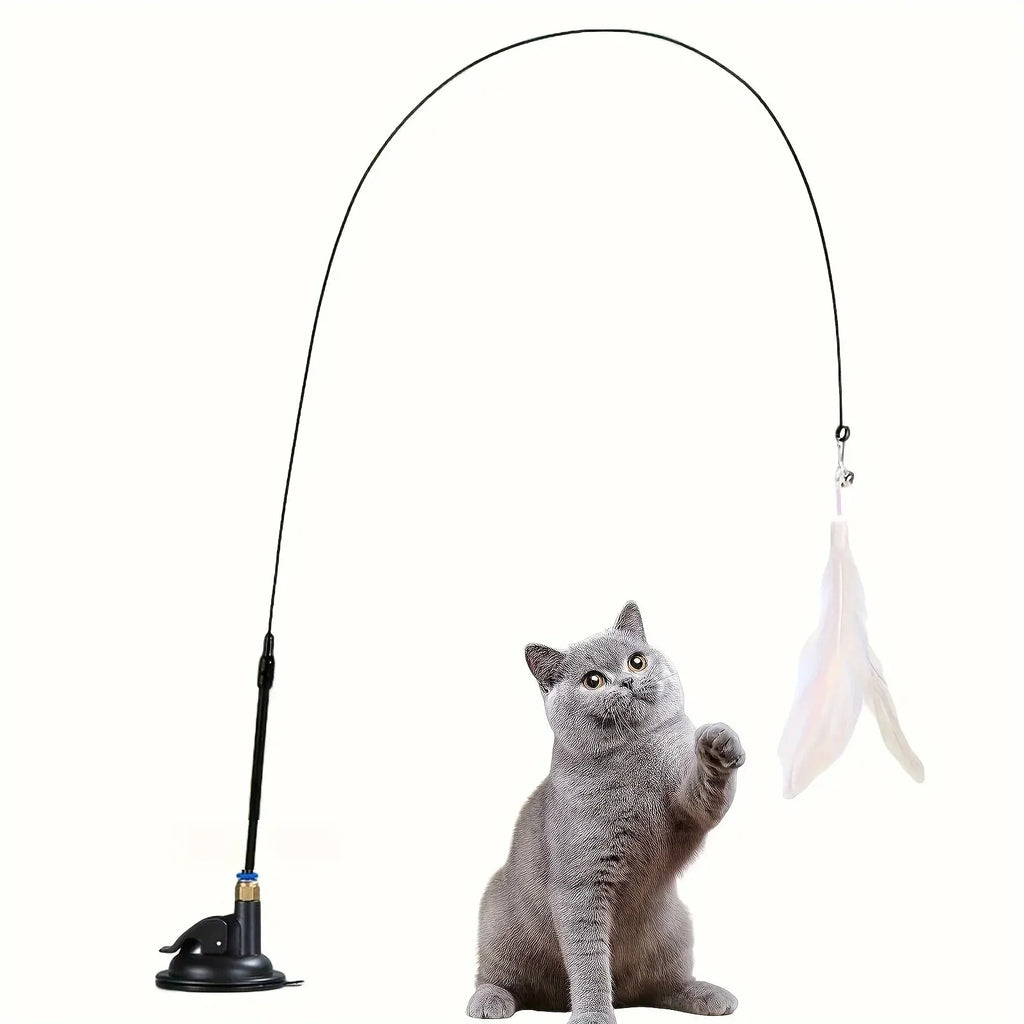 Interactive Cat Teaser Wand | Feather & Bell Toy with Suction Cup Pole