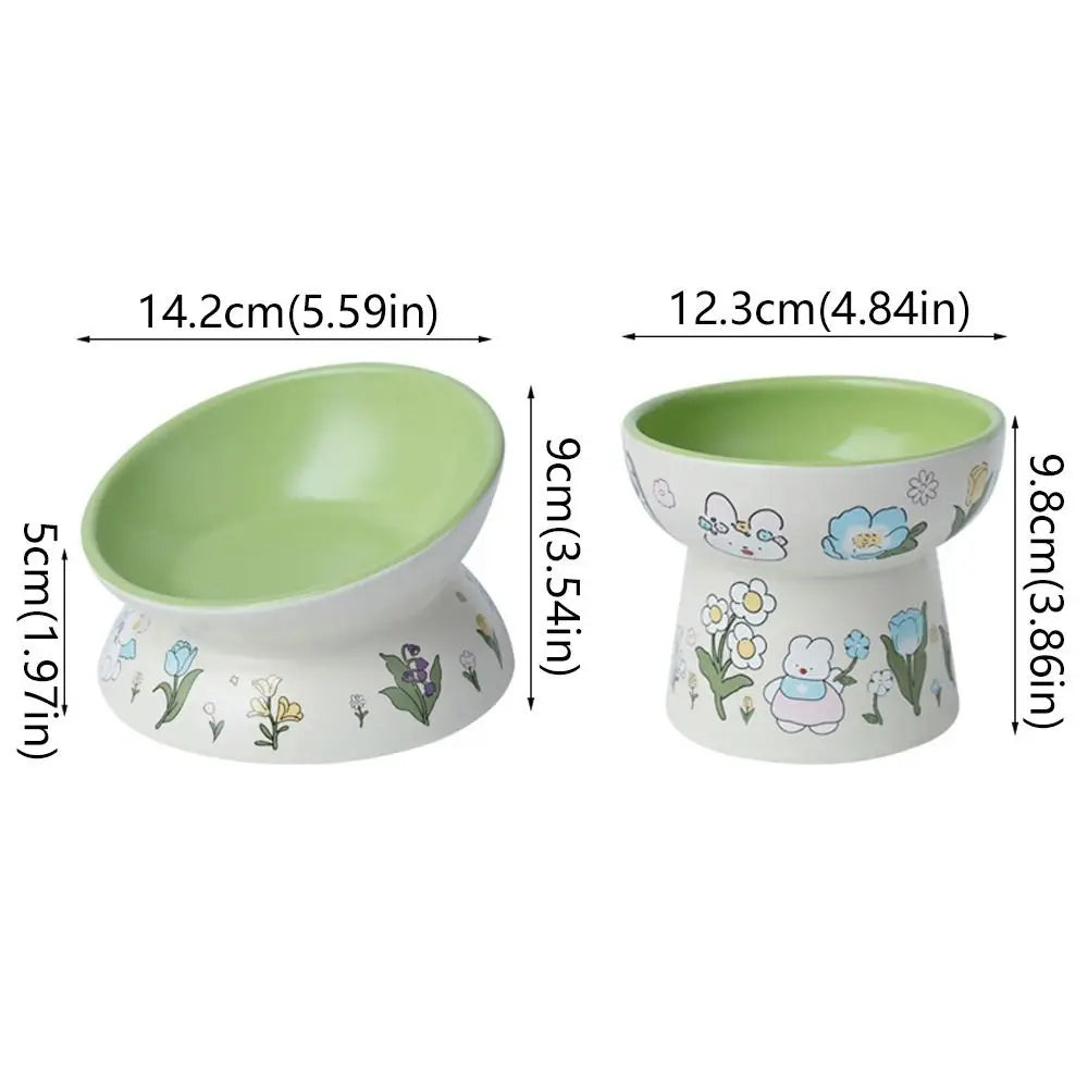 Green Rabbit Ceramic Cat Bowl | Non-Slip Raised Pet Feeding & Water Bowl