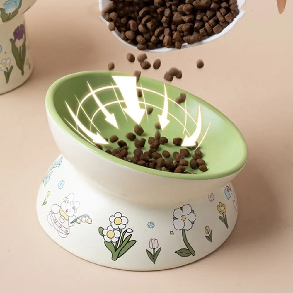 Green Rabbit Ceramic Cat Bowl | Non-Slip Raised Pet Feeding & Water Bowl