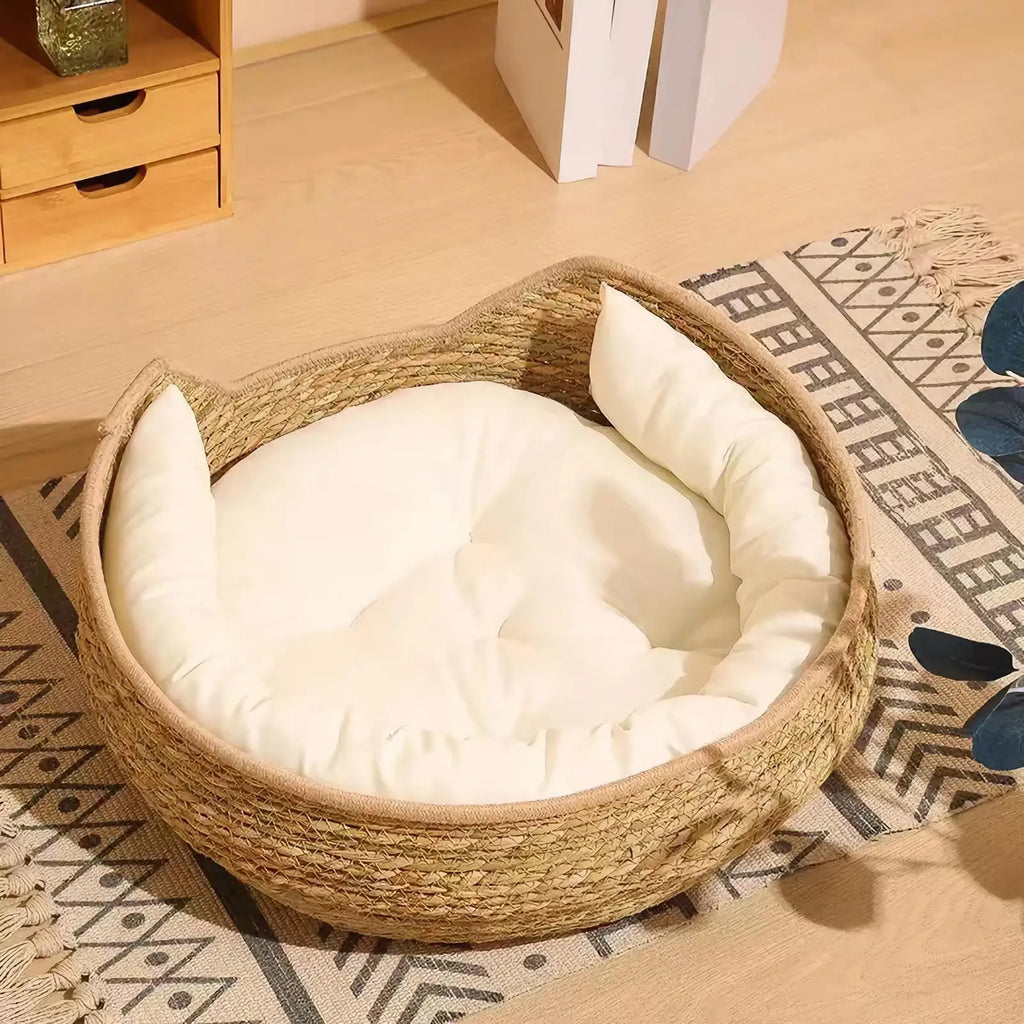 Woven Cat Basket Bed – Cotton Rope Round Bed with Pillow for Cats & Small Dogs