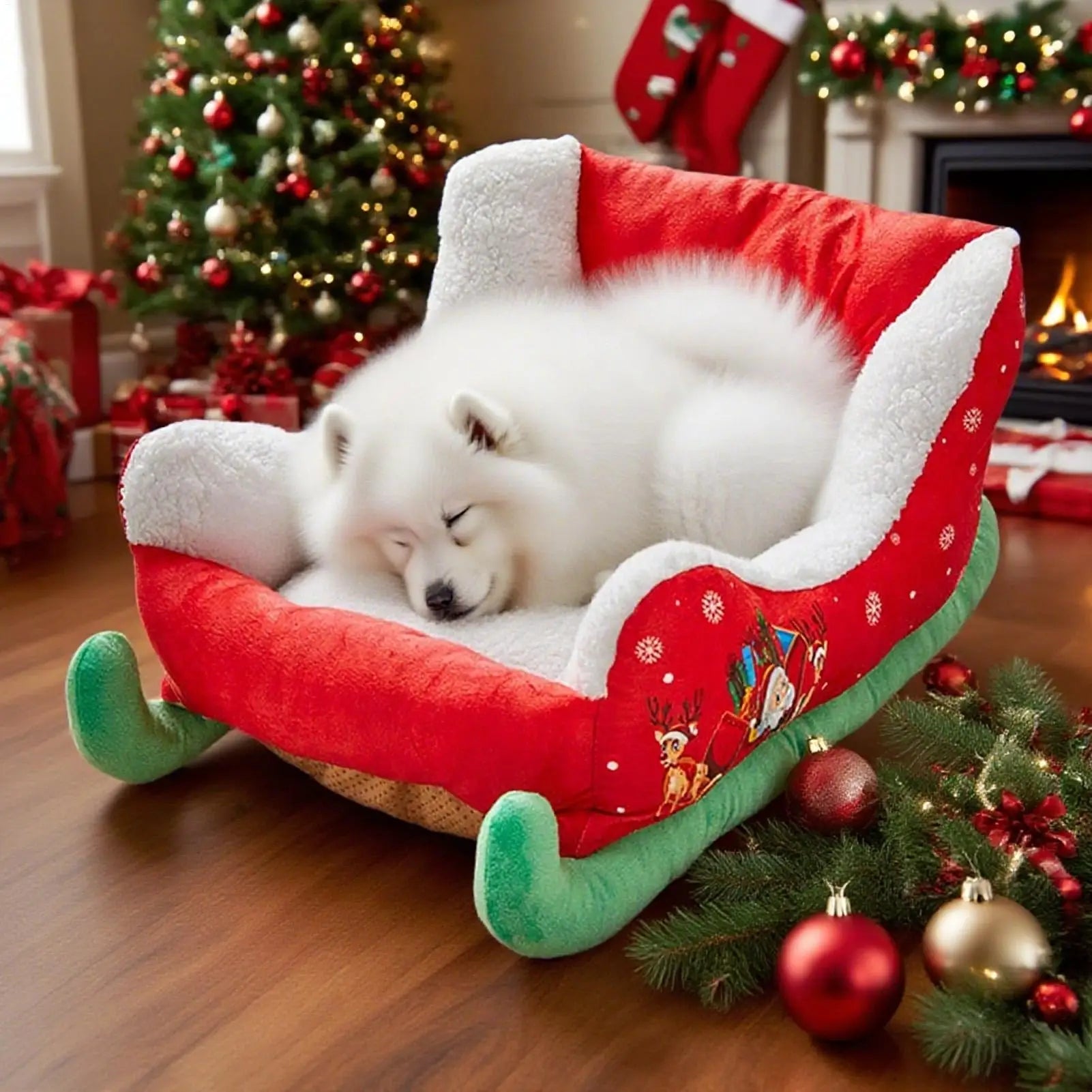 Christmas Sled-Shaped Dog & Cat Bed | Festive Plush Santa Pet Nest