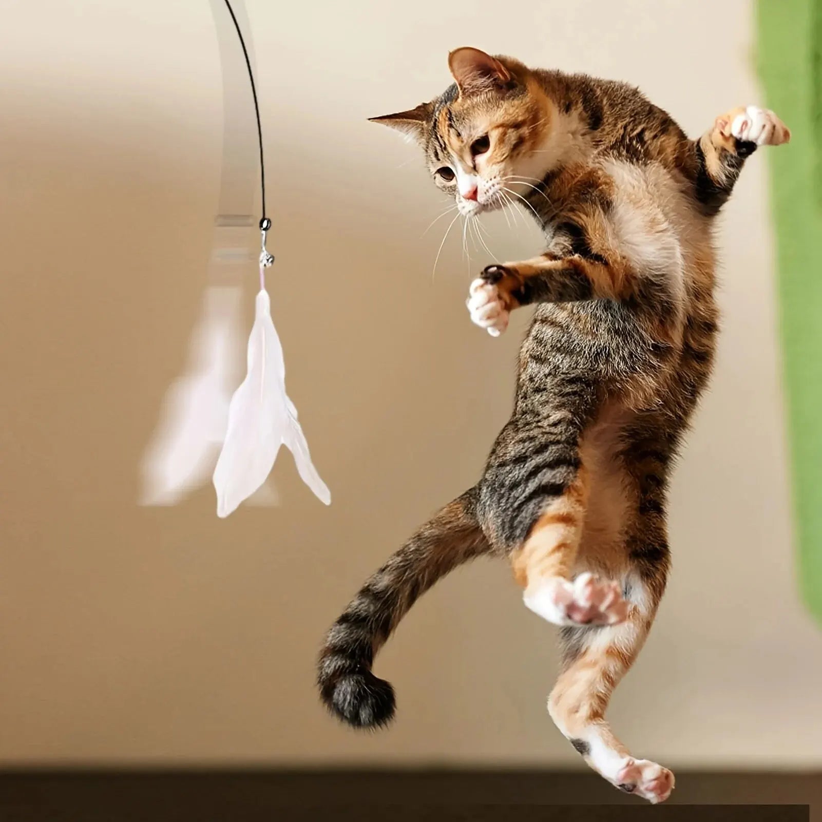 Interactive Cat Teaser Wand | Feather & Bell Toy with Suction Cup Pole