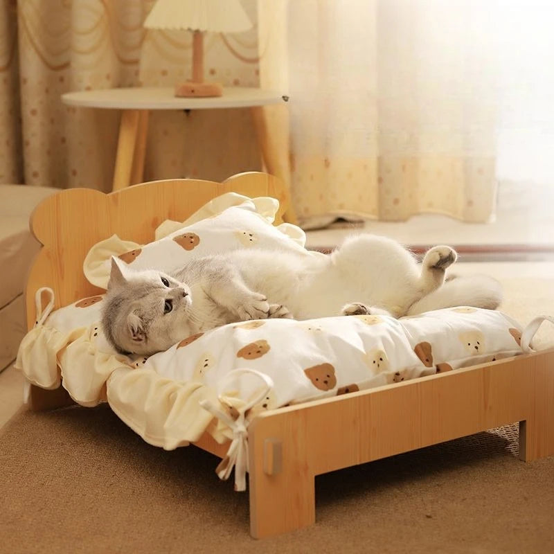 Wooden Cat Bed – Removable & Washable Four-Season Cozy Pet Bed