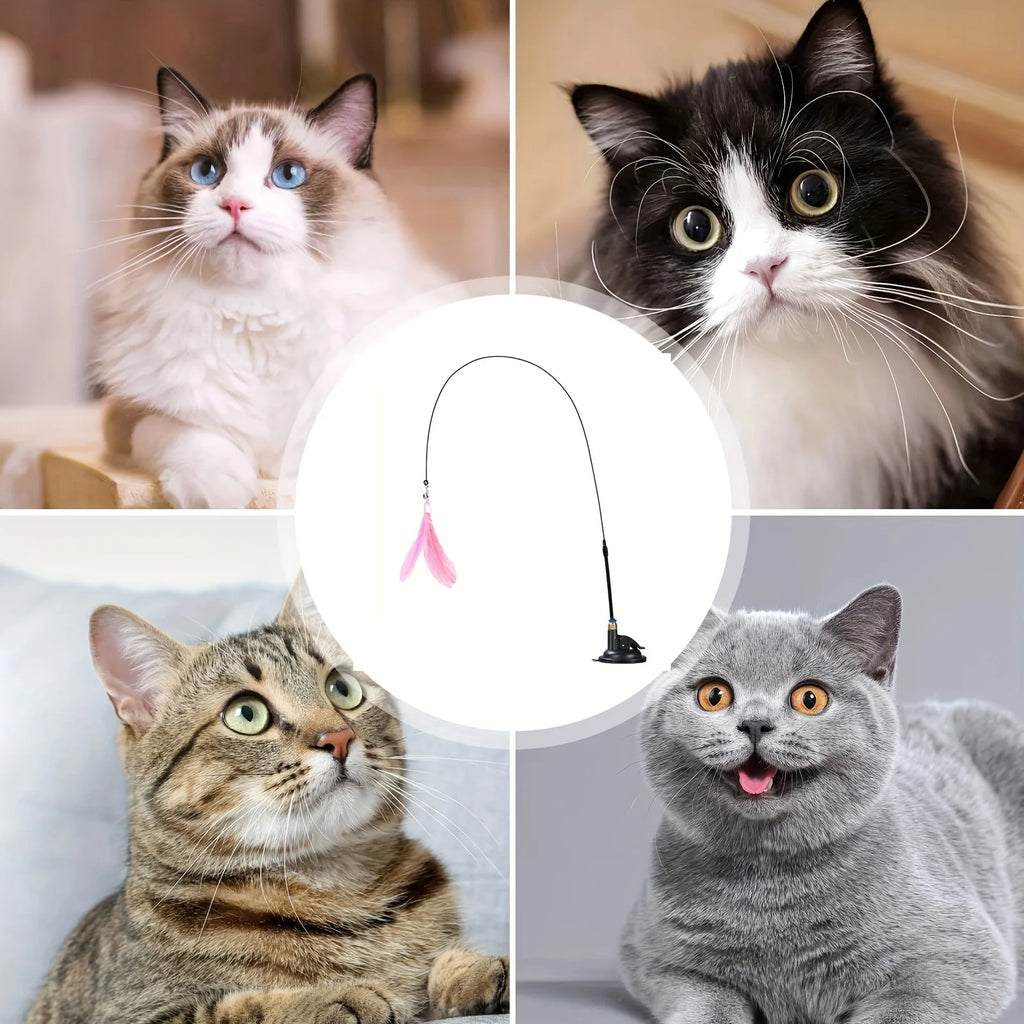 Interactive Cat Teaser Wand | Feather & Bell Toy with Suction Cup Pole