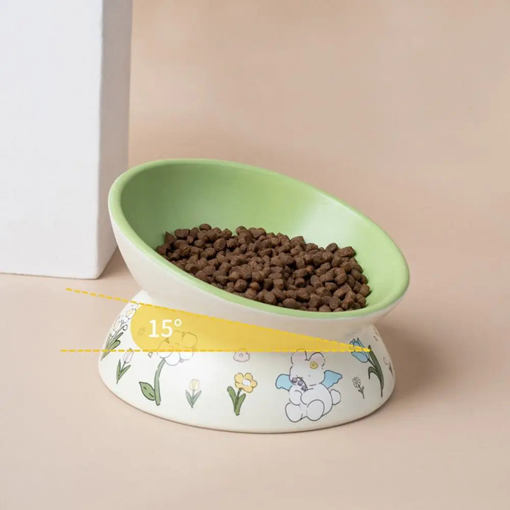 Green Rabbit Ceramic Cat Bowl | Non-Slip Raised Pet Feeding & Water Bowl