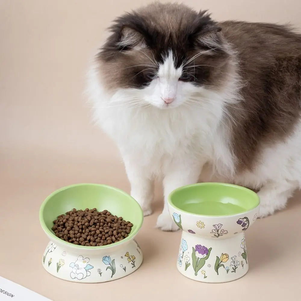 Green Rabbit Ceramic Cat Bowl | Non-Slip Raised Pet Feeding & Water Bowl