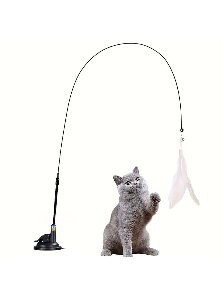 Interactive Cat Teaser Wand | Feather & Bell Toy with Suction Cup Pole
