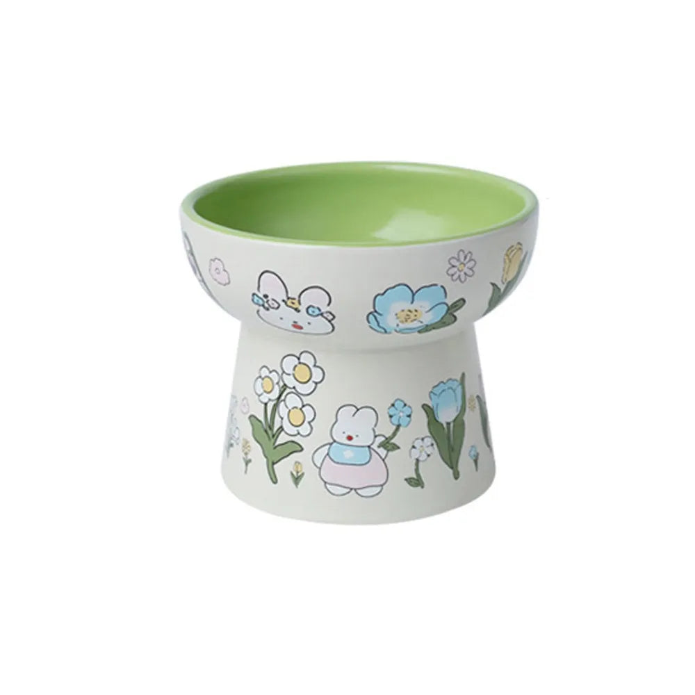 Green Rabbit Ceramic Cat Bowl | Non-Slip Raised Pet Feeding & Water Bowl