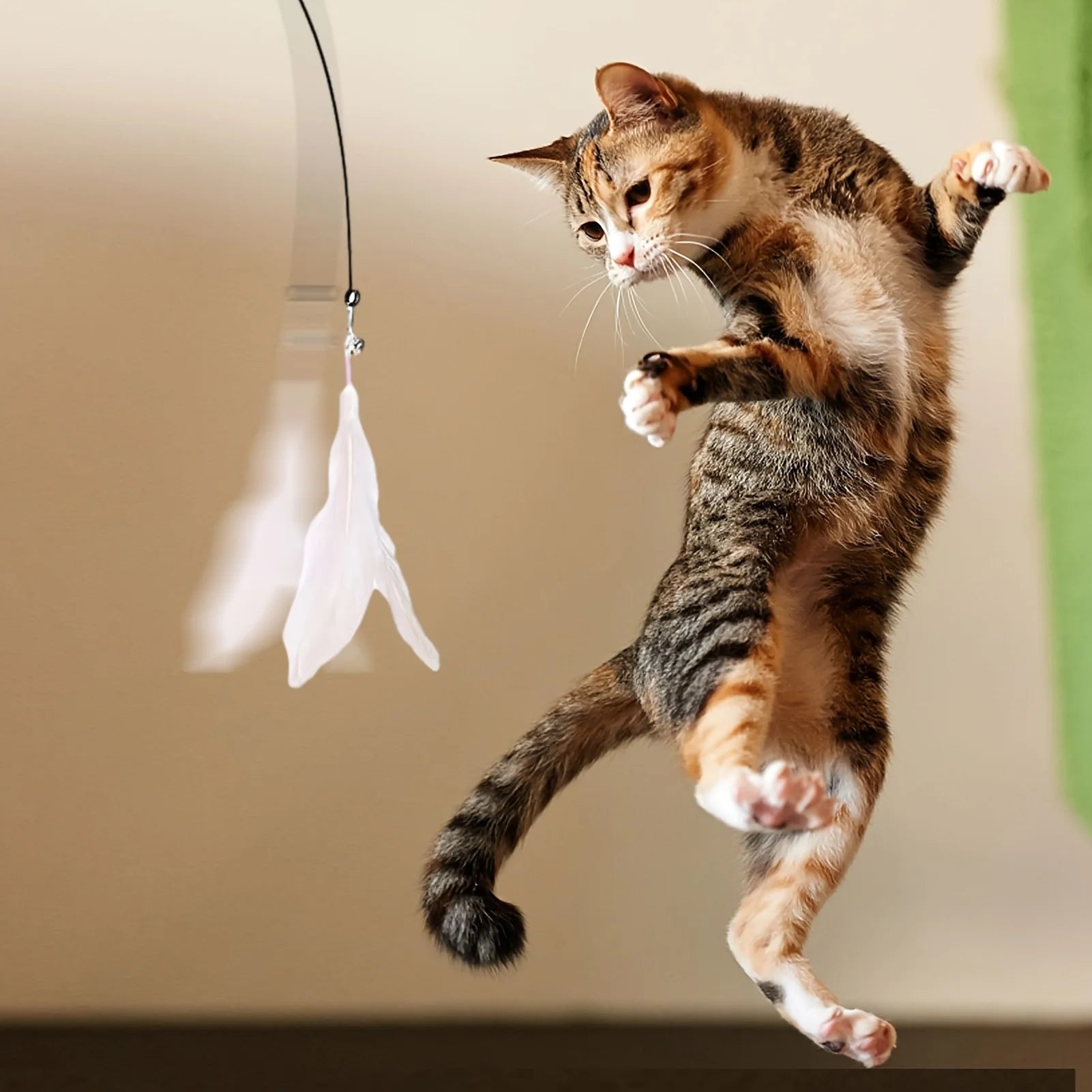 Interactive Cat Teaser Wand | Feather & Bell Toy with Suction Cup Pole