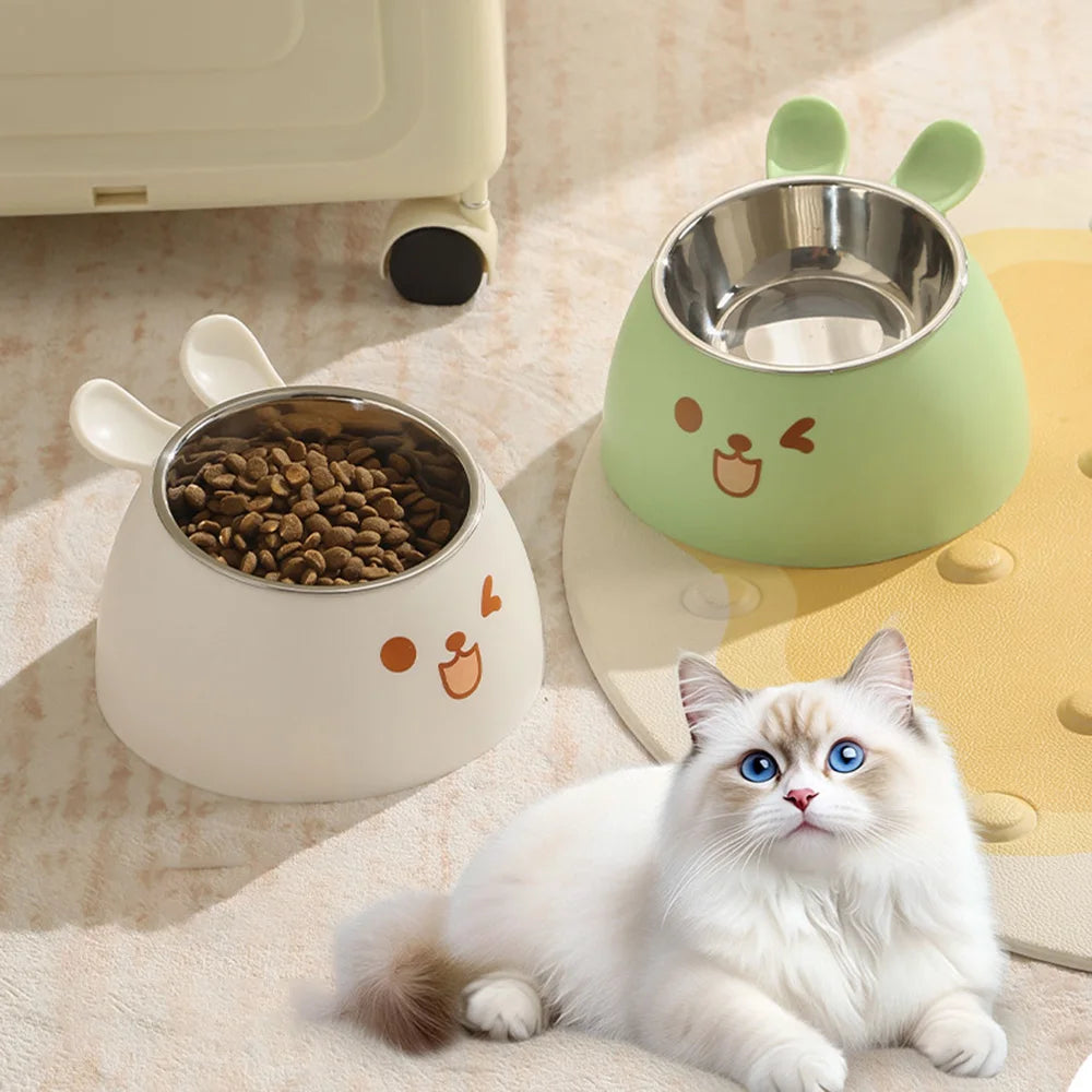Cute Rabbit-Ear Elevated Cat Bowl | Stainless Steel Food & Water Dish with Anti-Slip Base
