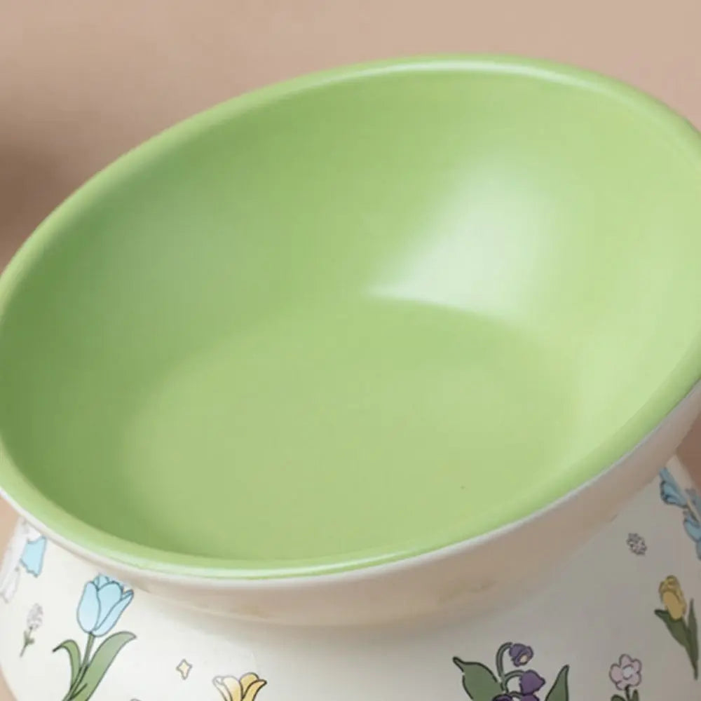 Green Rabbit Ceramic Cat Bowl | Non-Slip Raised Pet Feeding & Water Bowl