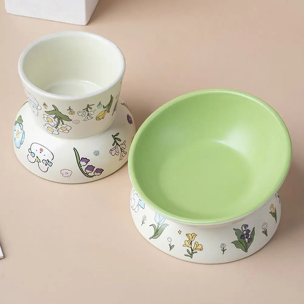 Green Rabbit Ceramic Cat Bowl | Non-Slip Raised Pet Feeding & Water Bowl