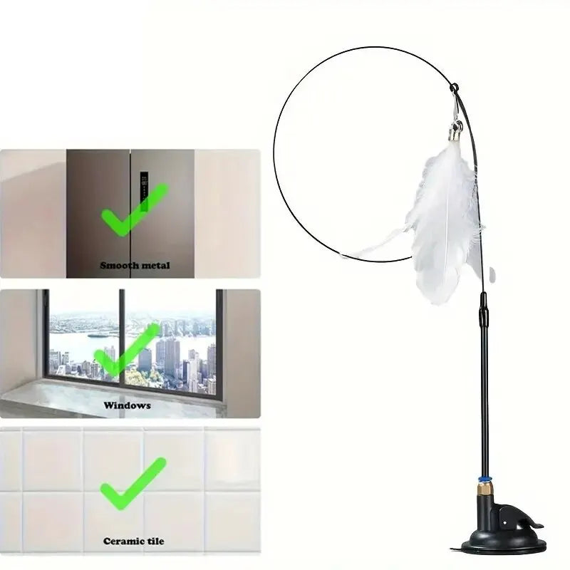 Interactive Cat Teaser Wand | Feather & Bell Toy with Suction Cup Pole