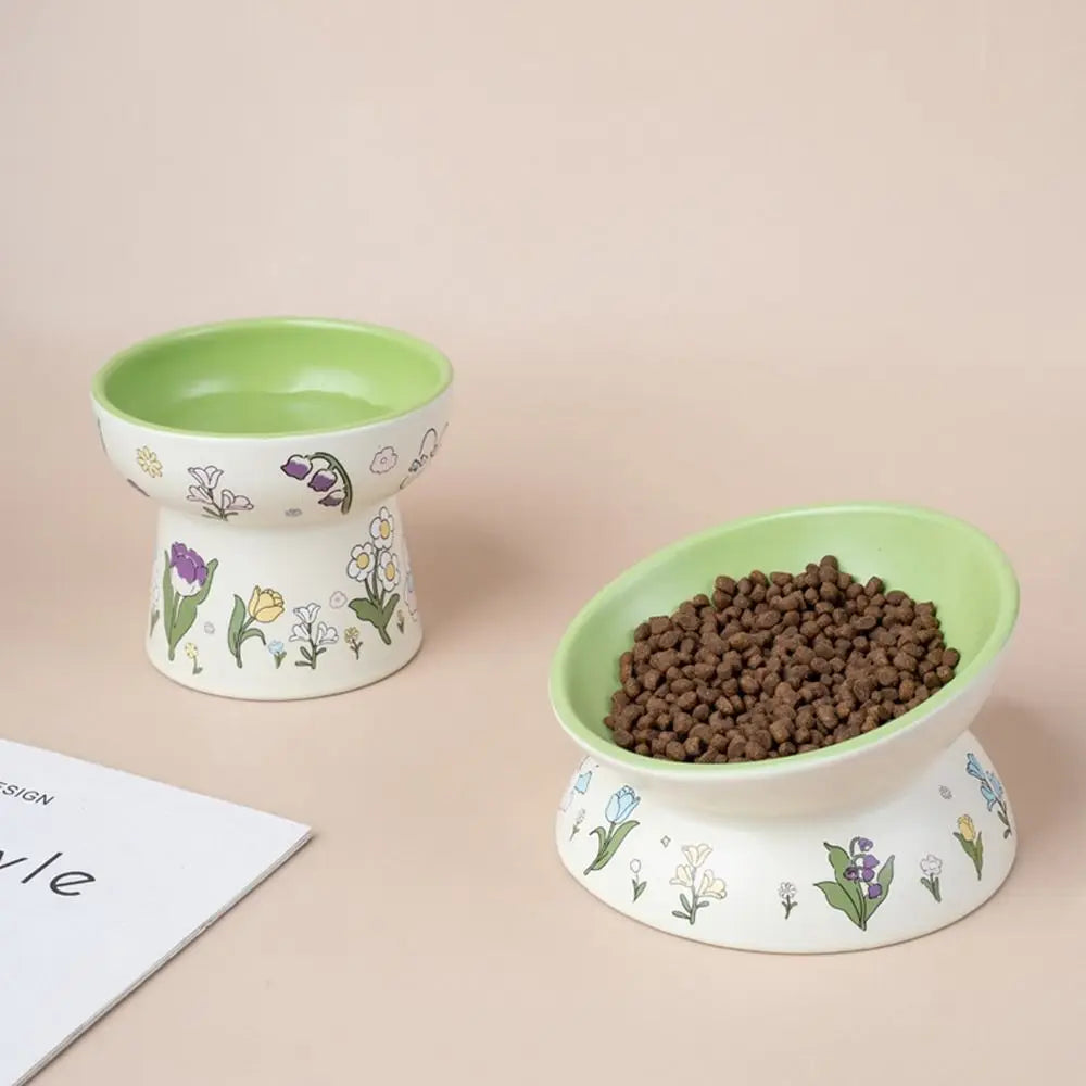 Green Rabbit Ceramic Cat Bowl | Non-Slip Raised Pet Feeding & Water Bowl