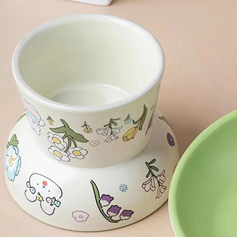 Green Rabbit Ceramic Cat Bowl | Non-Slip Raised Pet Feeding & Water Bowl