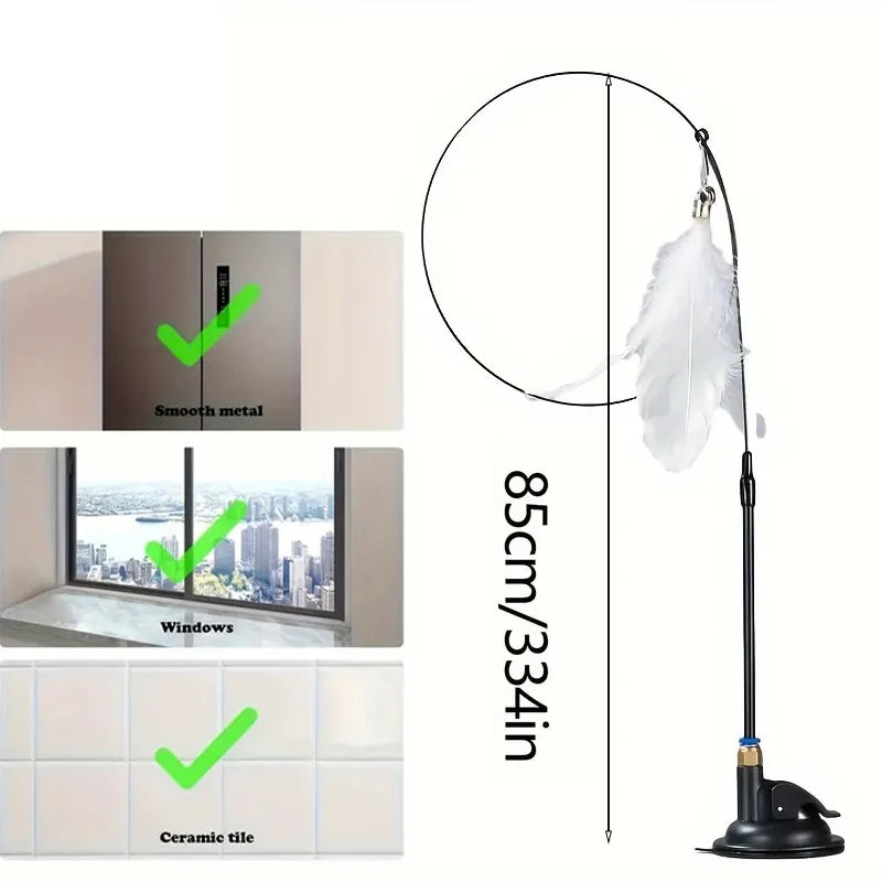 Interactive Cat Teaser Wand | Feather & Bell Toy with Suction Cup Pole