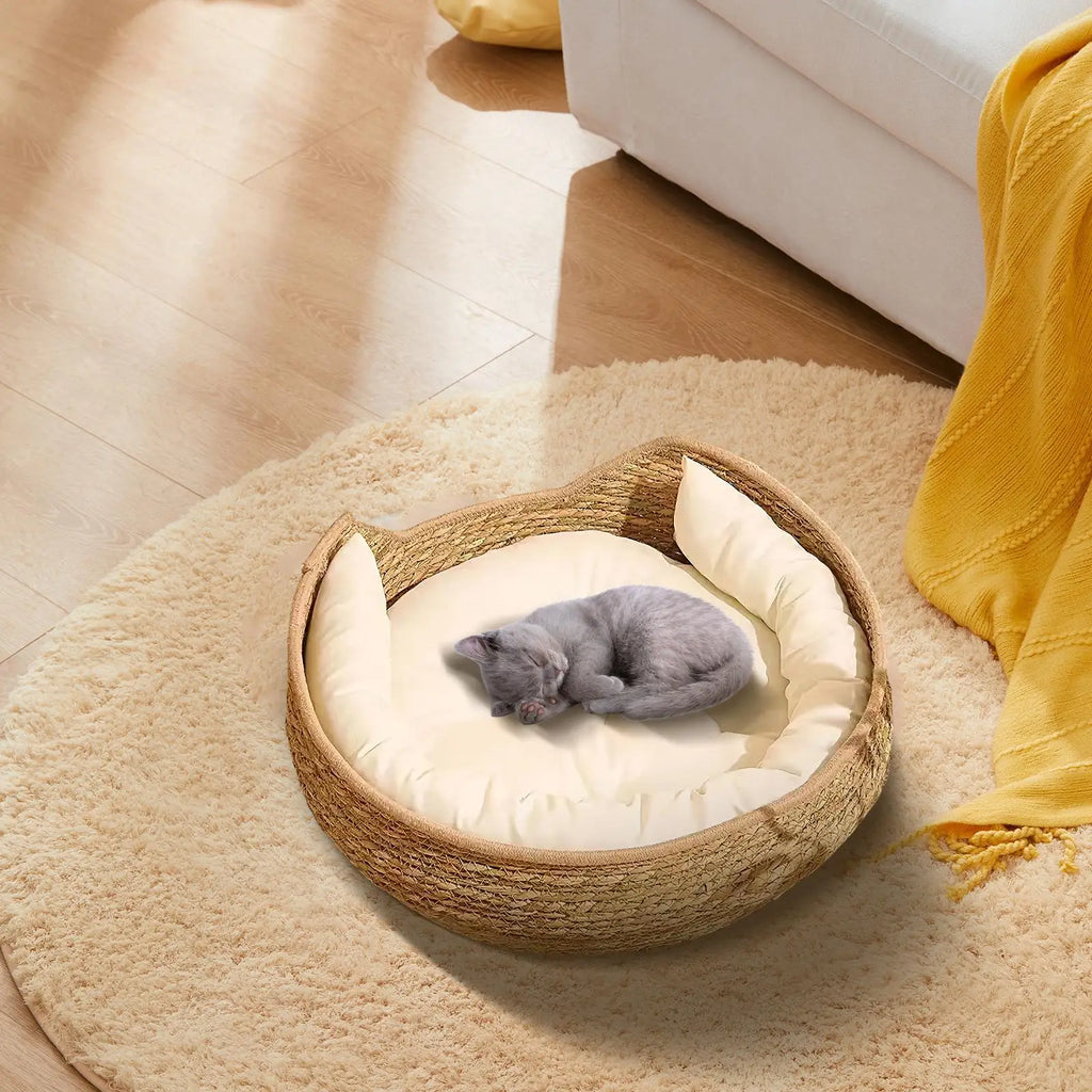 Woven Cat Basket Bed – Cotton Rope Round Bed with Pillow for Cats & Small Dogs