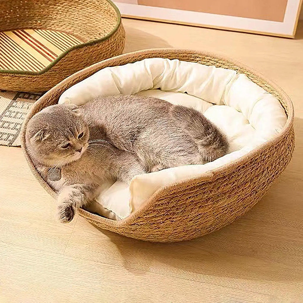 Woven Cat Basket Bed – Cotton Rope Round Bed with Pillow for Cats & Small Dogs