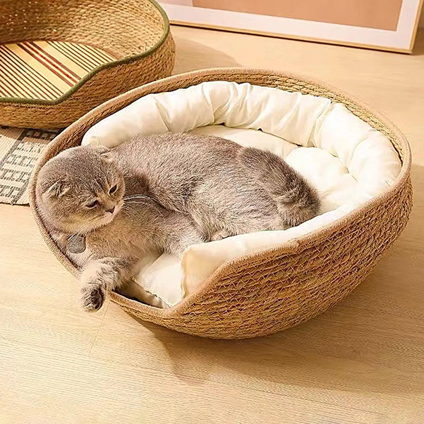 Woven Cat Basket Bed – Cotton Rope Round Bed with Pillow for Cats & Small Dogs