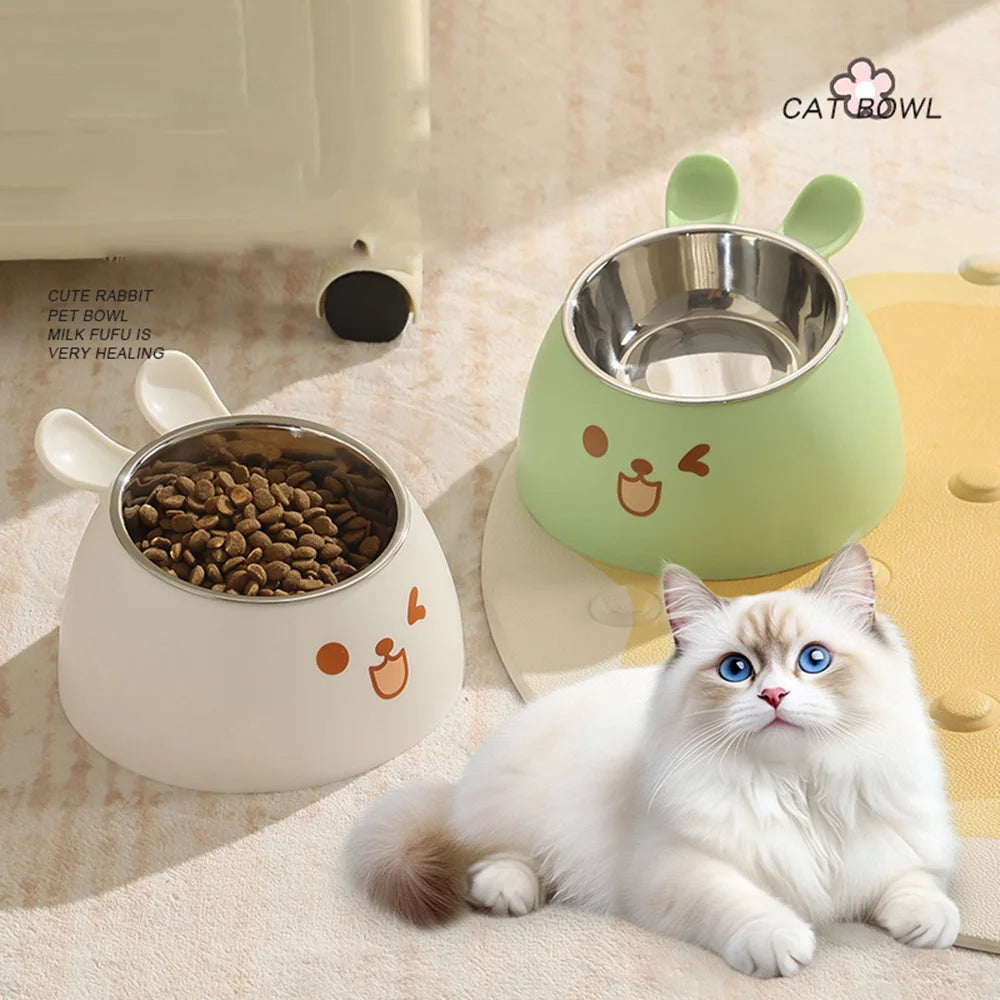 Cute Rabbit-Ear Elevated Cat Bowl | Stainless Steel Food & Water Dish with Anti-Slip Base