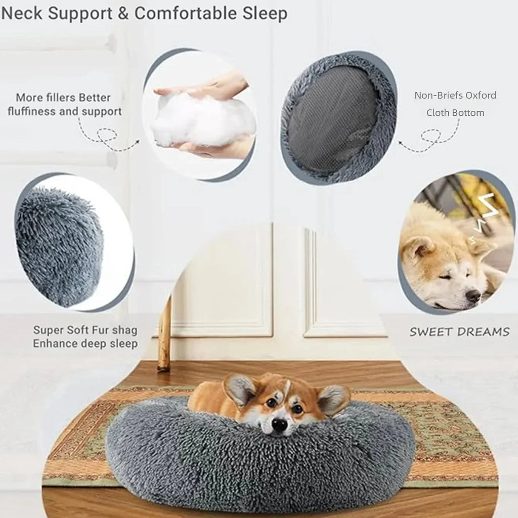 Round Plush Pet Bed – Super Soft Fleece Dog & Cat Bed, Winter Warm Sleeping