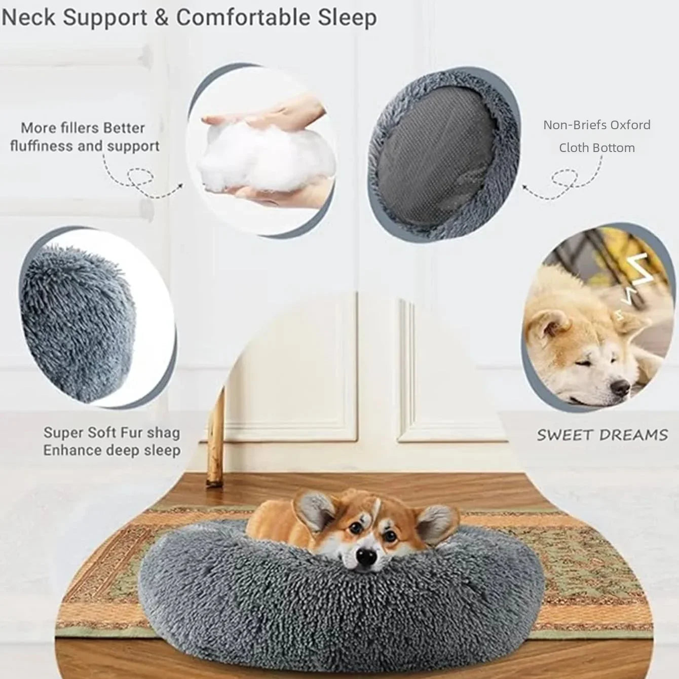 Round Plush Pet Bed – Super Soft Fleece Dog & Cat Bed, Winter Warm Sleeping