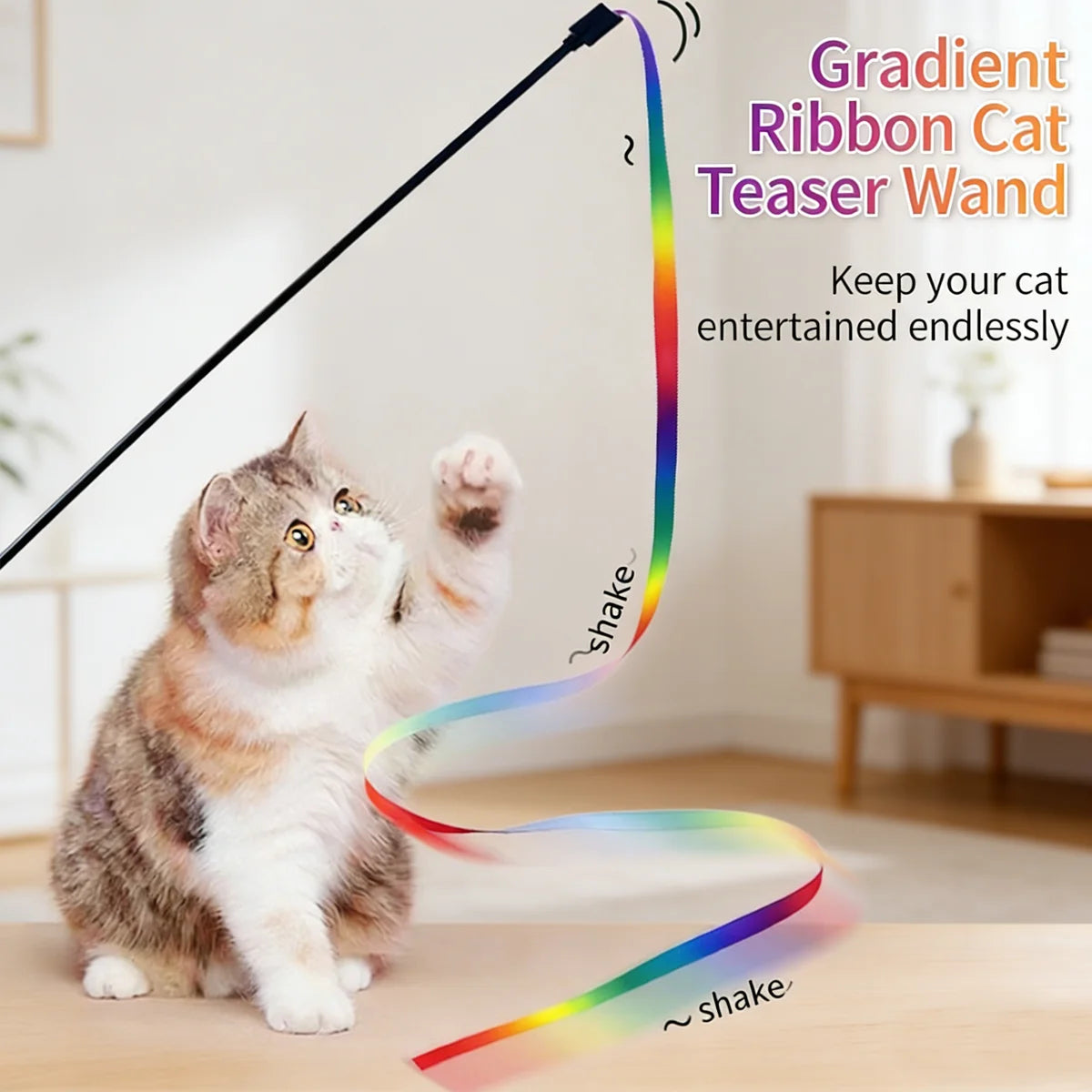 Interactive Cat Teaser Wand – Rainbow Ribbon Stick for Play & Exercise