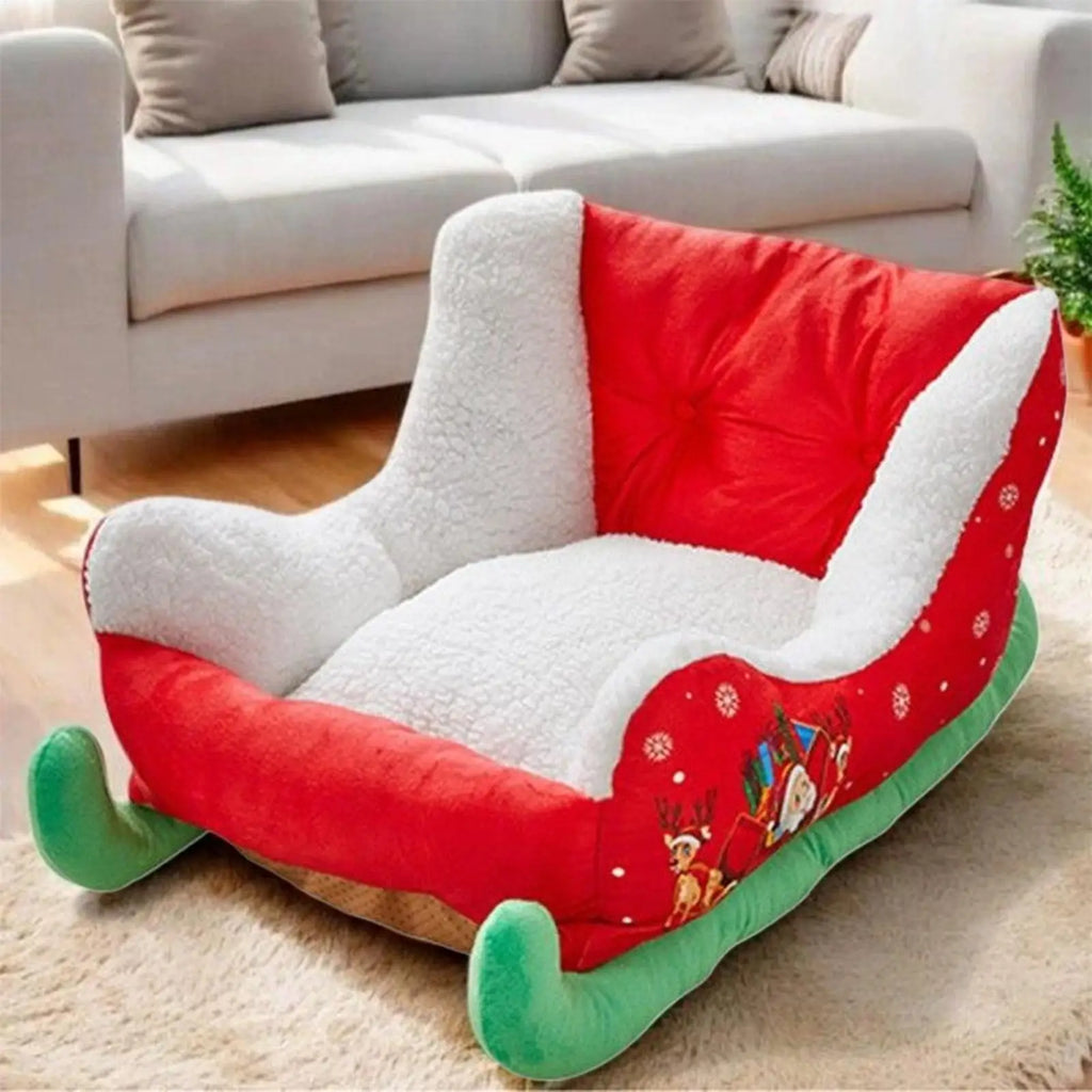 Christmas Sled-Shaped Dog & Cat Bed | Festive Plush Santa Pet Nest
